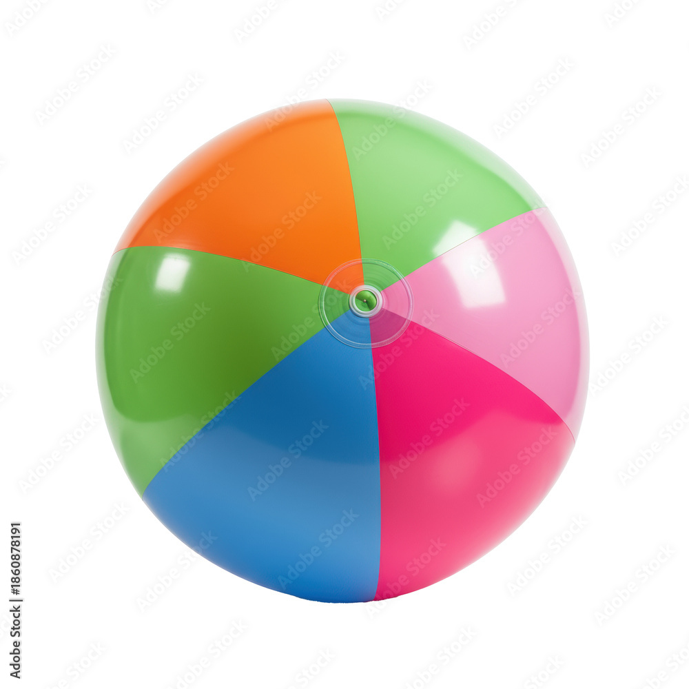 Obraz premium Perfectly spherical, fully inflated beach ball with vibrant orange, green, purple, pink segments, white valve, glossy PVC, against a transparent studio background, high-key aesthetic, concept of