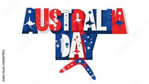 Vibrant australia day celebration graphic with kangaroo and boomerang elements in red, white, and blue colors with starry patterns