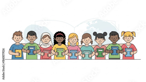 Diverse group of happy children holding books standing together in a line with smiling faces and colorful clothes on a white background