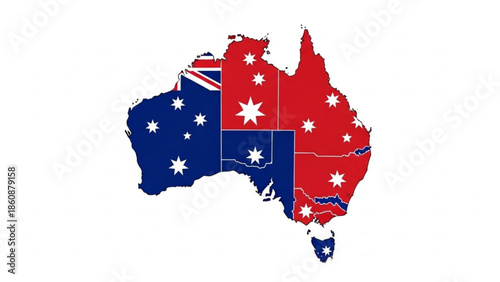 Australia map divided into sections with australian flags colors and white stars on red blue background