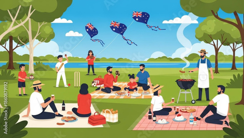 People having a picnic and barbecue in a park with australian flags flying overhead on a sunny day with trees and a lake in the background
