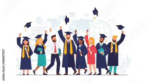 Diverse group of graduates celebrating, throwing caps in air, academic achievement, university commencement, graduation day, happy students, gowns, diplomas, joyful