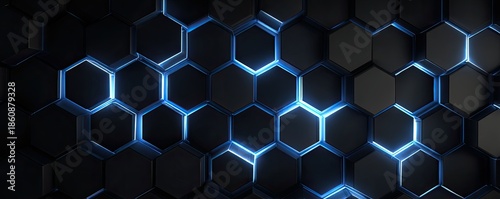 Black hexagonal tiles with glowing blue edges create a futuristic pattern