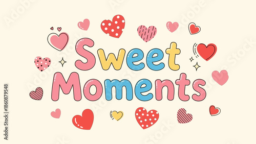 Sweet Moments typography with colorful hearts around it
