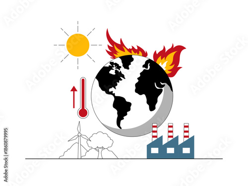 Illustration of global warming and its causes and effects. Social issues illustration. Flat vector illustration.