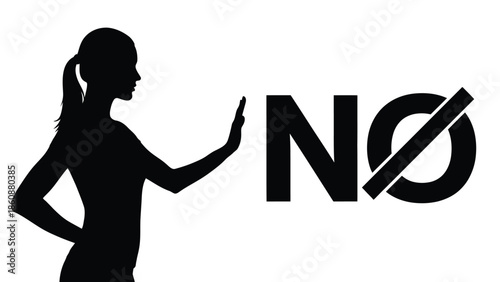Silhouette of a confident woman firmly stopping or rejecting a large stylized no symbol demonstrating firm boundaries against unwanted requests or actions