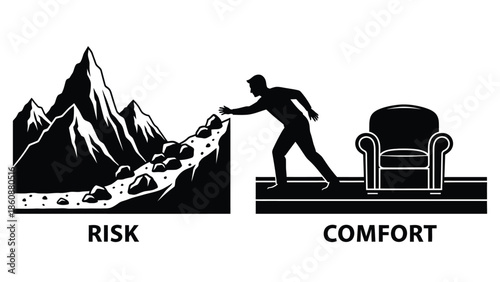 Businessman stands at the edge of a crumbling mountain representing risk choosing to step away from the easy comfort of a plush armchair towards potential challenge
