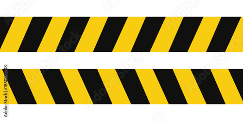 Warning tape with yellow and black diagonal stripes. Warn stop seamless line. Yellow and black caution tape border.