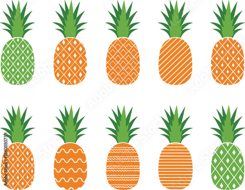 Isometric Pineapple Vector Illustration Set Showing Tropical Fruits with Decorative Patterns for Summer, Food, and Tropical Design