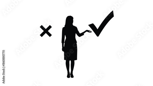 Silhouette of a businesswoman presenting a clear choice between a rejected incorrect mark and an accepted correct checkmark symbol for decision making concepts