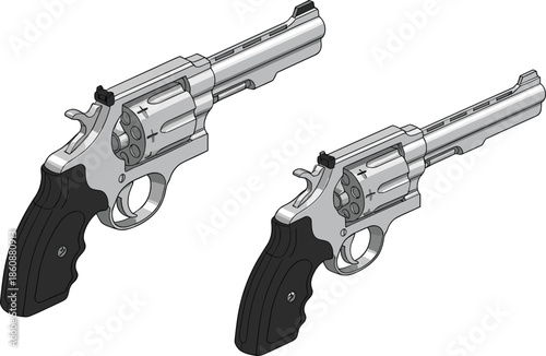 Isometric Revolver Handgun Vector Illustration Set Showing Metal Firearms From Multiple Angles for Defense and Security Concepts