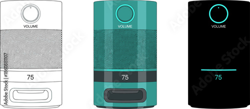 Smart home speaker with digital volume display set in line art, teal color, and silhouette.