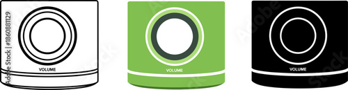Circular volume control knob icon set with line art, green color, and black silhouette.