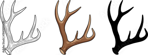 Single brown deer antler branch set in detailed line art, natural color, and black silhouette.