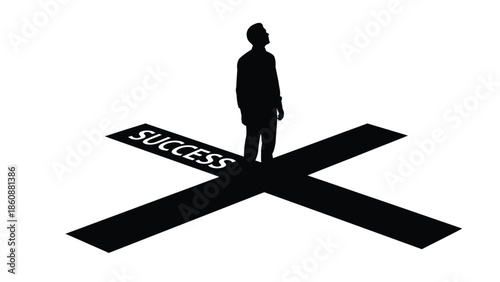 Silhouette of a determined businessman standing at a crossroads where one path is clearly marked with the aspirational word success illustrating career choices and future direction