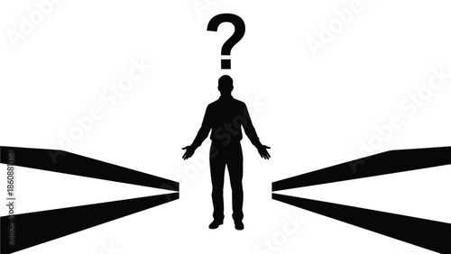 Silhouette of a person with a question mark above their head standing at a crossroads facing uncertain decisions about future direction and path selection