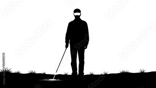 A person wearing a mask and holding a metal detector stands on a grassy hill against a white background.