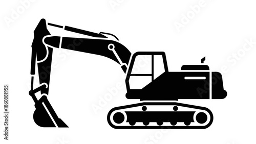Black Silhouette of Excavator Machine Vector.