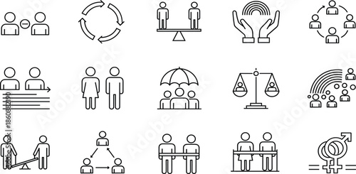 Social equality and human rights line icon set illustrating teamwork diversity inclusion balance protection community justice concepts