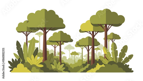 Vibrant Flat Illustration of a Lush Forest with Tall Trees and Abundant Greenery