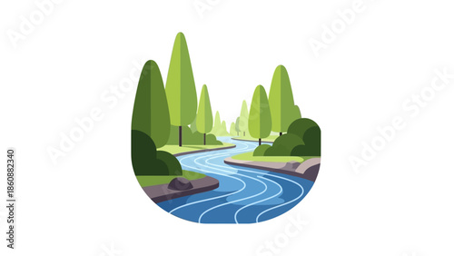 Serene natural landscape illustration featuring a winding river flowing through lush green trees