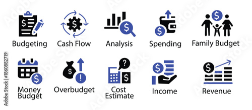 Finance icon set. Containing loan, cash, saving, financial goal, profit, budget, mutual fund, earning money and revenue icons. Solid icons collection.