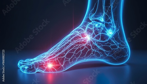 Glowing blue foot with highlighted pain points and nerve endings