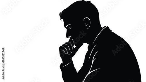 Silhouette graphic of a thoughtful businessman in profile with his hand near his mouth representing contemplation decision making or deep focus on an idea