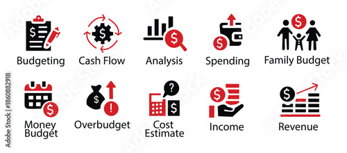 Finance icon set. Containing loan, cash, saving, financial goal, profit, budget, mutual fund, earning money and revenue icons. Solid icons collection.