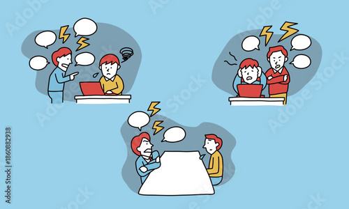 不機嫌な上司セット　高圧的なマネジメントをする人と萎縮してしまう部下のイラスト