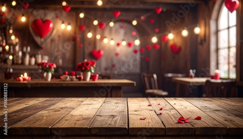 Empty old wooden table background with valentines day theme in background