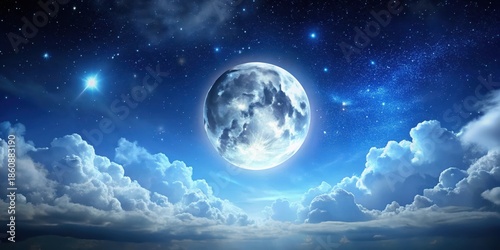 A full phase Moon illuminated against a dark blue sky with stars and a few clouds
