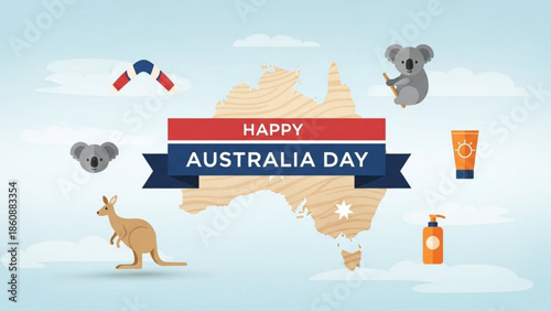 Happy australia day celebration with kangaroo koala map and sunscreen