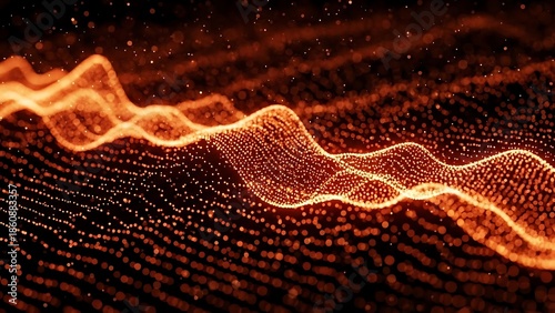 Orange glowing wave of particles on dark background with bokeh effect