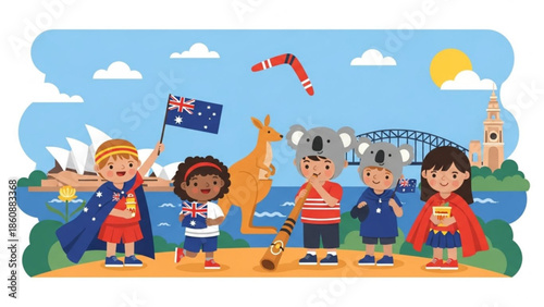 Children wearing australian themed costumes with sydney landmarks and wildlife, happy kids in red, blue and white outfits holding australian flag, koala, kangaroo, sunny