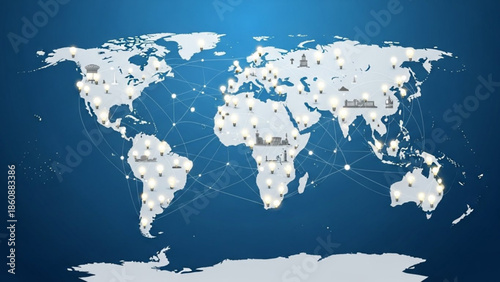 Global connections map with lines and dots on a blue background showing international relationships and travel routes