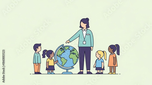 Diverse group of children and teacher standing around a globe in a classroom setting for education and learning
