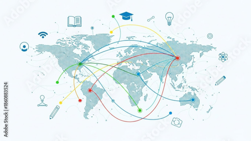Global online education network connections worldwide with icons representing learning, technology, and communication on a world map