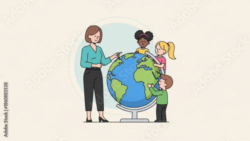 Diverse children and teacher learning geography with a large globe model in classroom setting for education and exploration