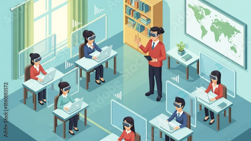 Students and teacher wearing virtual reality headsets in classroom with desks and protective screens