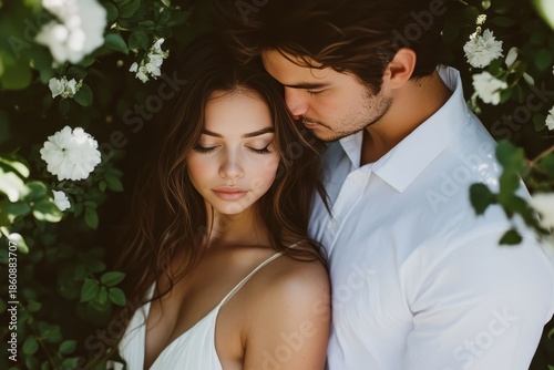 Affectionate couple embraces closely surrounded by lush green foliage and white blossoms