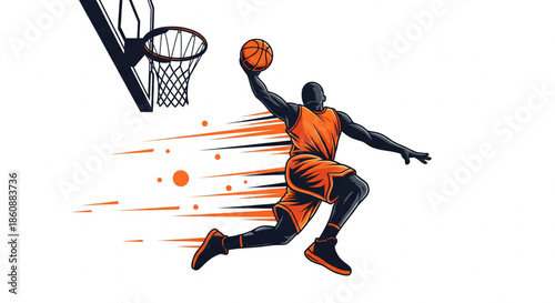 Dynamic illustration of a basketball player in mid-air, performing a slam dunk with energetic motion lines and a blurred background, symbolizing athleticism and the excitement of the game