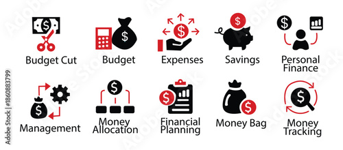 Budget icon set. Containing expense, money management, cash flow, savings, spending, income, allocation, cost estimate and more. Solid vector icons collection. 