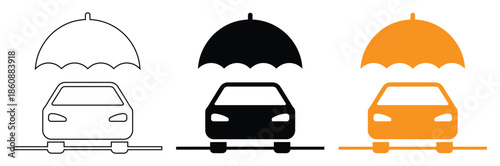 Cars protected under colorful umbrellas in modern illustration,Set of car insurance vector icons. Protected car. Auto with shield.Safeguarded savings for auto assurance. Icon symbol illustration