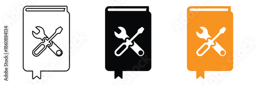 Repair manual icons with crossed tools on book covers,Technical manual book icon, User guide illustration in flat style with settings Vector icon.