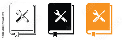 Repair manual icons with crossed tools on book covers,Technical manual book icon, User guide illustration in flat style with settings Vector icon.