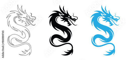 Dragon head designs in black, blue, and line art styles,Black dragon icon. Mythical dragon isolated on white background. Stylish black dragon logo.Dragon head logo for sale.