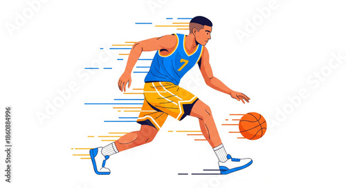 Dynamic illustration of a male basketball player in action, skillfully dribbling the ball with speed and agility, showcasing the energetic movement of the sport