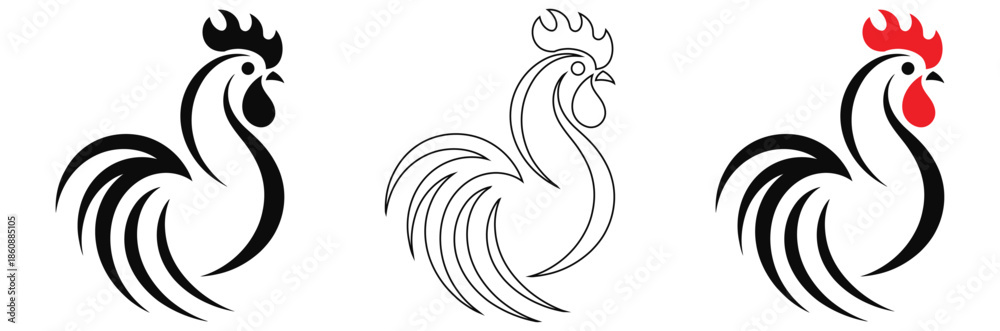 Obraz premium Rooster logos in black, white, and blue for branding,Black rooster logo icon silhouette vector illustration design on white background.Set of hen silhouette, chicken silhouettes, 