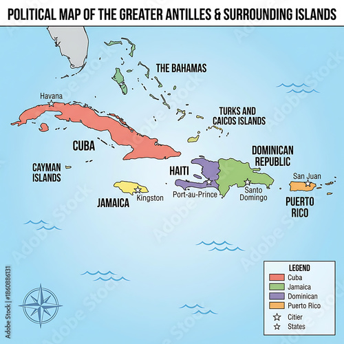 Political Map of the Greater Antilles and Surrounding Islands.